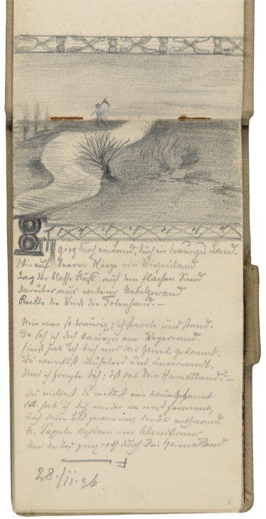 Bleistiftzeichnung mit einer Landschaft und einem Bauern. Darunter ein handschriftliches Gedicht. Das Ganze auf einem Notizbuch.