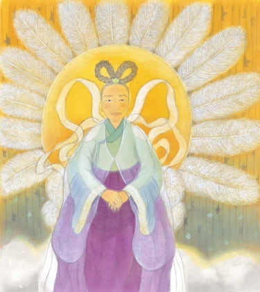 Illustration aus Hang Kang, Donnerfee und Blitzfee. Das Bild zeigt eine alte Fee vor einer Sone mit Strahlen aus Federn.