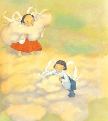 Illustration aus Han Kang, Donnerfee und Blitzfee. Das Bild zeigt zwei kleine Feen, die im Himmel mit Wolken hantieren.