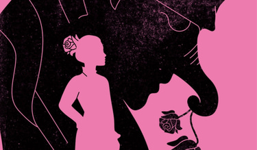 Hrafik mit schwarz-pinker Illustration. Zu sehen sind eine Frau mit einer Rose auf dem Kopf im Vordergrund und ein großes Wesen mit Elefantenrüssel im Hintergrund