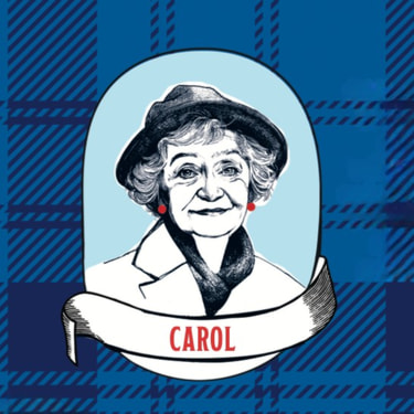 Bleistiftillustration einer älteren Dame mit Hut auf blaukariertem Hintergrund