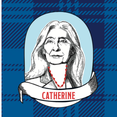 Bleistiftillustration einer älteren Dame mit Halskette auf blaukariertem Hintergrund