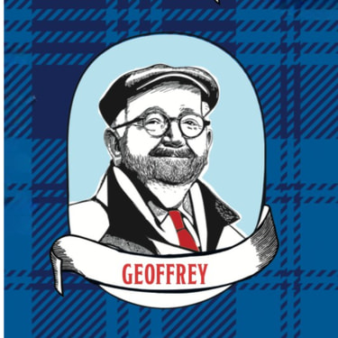 Bleistiftillustration eines älteren Herren mit Hut und Brille auf blaukariertem Hintergrund