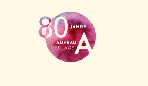 Jubiläumslogo 80 Jahre Aufbau Verlage auf gelbem Hintergrund