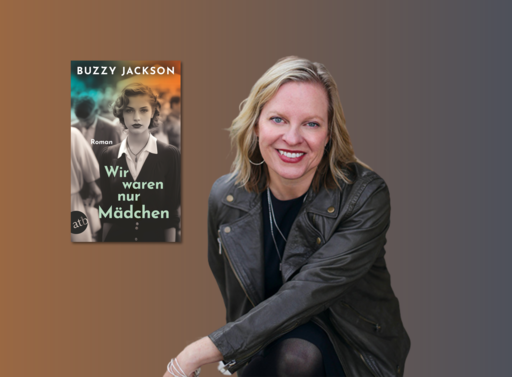 Banner mit Portrait von Buzzy Jackson und Cover von Wir waren nur Mädchen