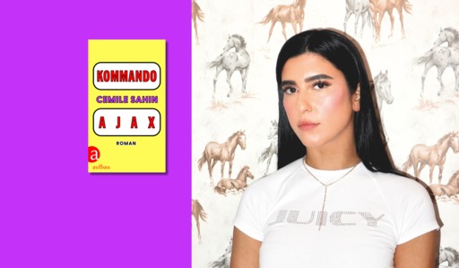 Banner mit Portraitfoto von Cemila Sahin und Cover von "Kommando Ajax" auf lila Hintergrund