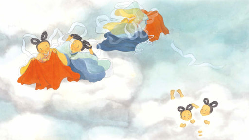 Illustration aus Han Kang, Donnerfee und Blitzfee. Die Zeichnung zeigt zwei kleine Feen im Himmel, die ihre Kleider abgeworfen haben.
