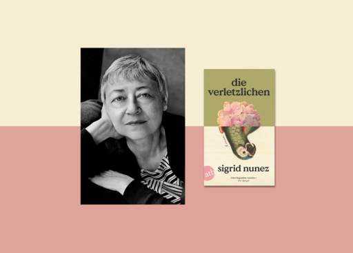 Banner mit Portrait von Sigrid Nunez und Cover von Die Verletzlichen