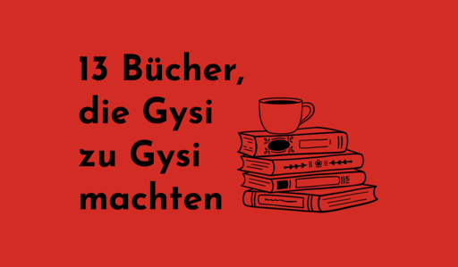 Grafik mit Text: "13 Bücher, die Gysi zu Gysi machten und Illustration eines Bücherstapels