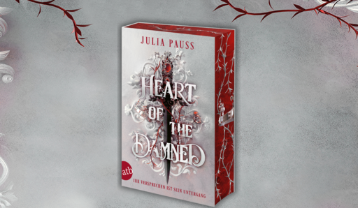 Banner mit Mockup von Julia Pauss, Heart of the Damned und Covermotiv im Hintergrund