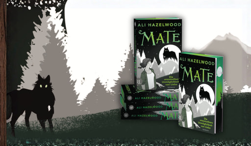 Grafik mit Covermotiv von Ali Hazelwood, Mate im Hinzergrund und Bücherstapel im Vordergrund