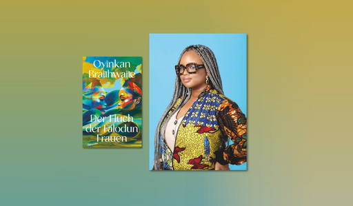 Banner mit Portrait von Oyinkan Braithwaite und Cover von Der Fluch der Falodun Frauen