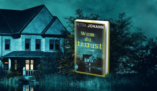Bannergraafik mit Mockup von Petra Johann, wem du traust und einem Haus in nächtlicher Landschaft im Hintergrund