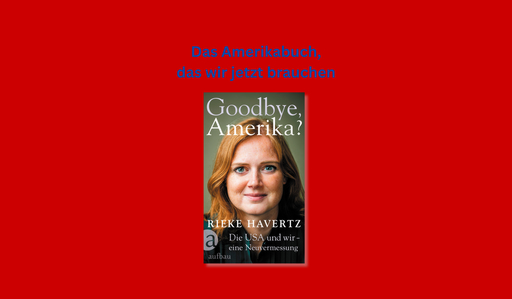Banner mit Cover von Rieke Havertz, Goodbye, Amerika? und Text: &quot;Das Amerikabuch, das wir jetzt brauchen&quot;