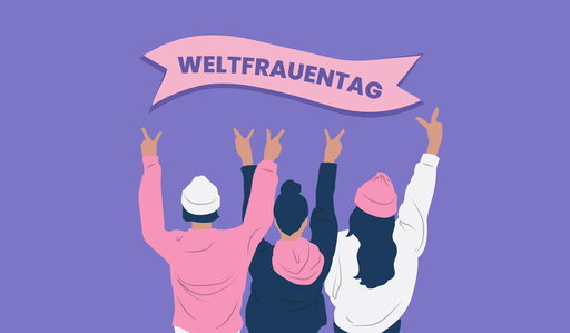Grafik mit lila Hintergrund, einer illustration mit drei Frauen von hinten mit hochgehobenen Armen. Oben ein Schil mit dem Text "Weltfrauentag"