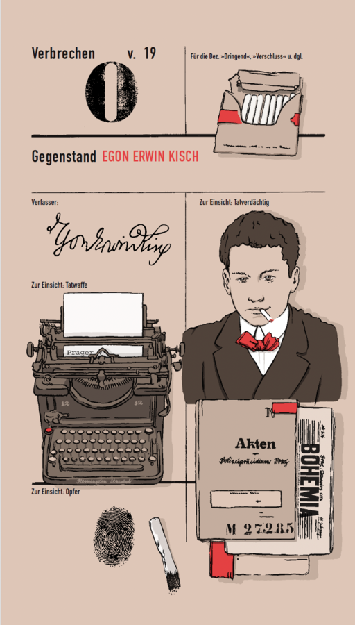Illustration aus Egon Erwin Kisch, Prager Verbrechen. Zu sehen sind diverse Motive, u.a. ein Mann mit Zigarette, eine Schreibmaschine, ein Aktienstapel und Fingerabdrücke