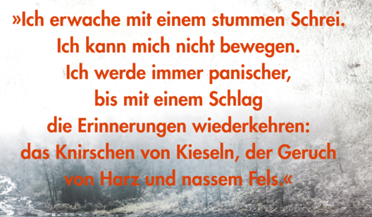 Zitat von Rebecca Russ: »Ich erwache mit einem stummen Schrei. Ich kann mich nicht bewegen. Ich werde immer panischer, bis mit einem Schlag die Erinnerungen wiederkehren: das Knirschen von Kieseln, der Geruch von Harz und nassem Fels.«