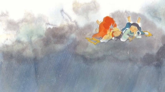 Illustration aus Han Kang, Donnerfee und Blitzfee. Das Bild zeigt zwei kleine Feen, die auf einer Wolke in einem verregneten Himmel liegen.