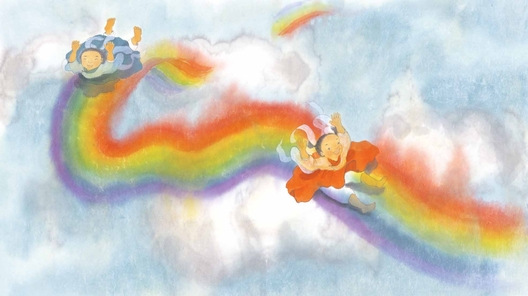 Illustration aus Han Kang, Donnerfee und Blitzfee. Das Bild zeigt zwei kleine Feen, die vergnügt auf einem Regenbogen im Himmel rutschen.