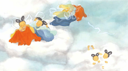 Illustration aus Han Kang, Donnerfee und Blitzfee. Die Zeichnung zeigt zwei kleine Feen im Himmel, die ihre Kleider abgeworfen haben.