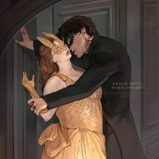 Character Card zu Kaylie Smith, Enchantra. Illustration mit einer Frau mit Abendkleid und Maske, die von einem elegant gekleidetem Mann umarmt wird