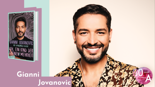 Grafik mit Portrait von Gianni Jovanovic und Cover von Ich, ein Kind der kleinen Mehrheit