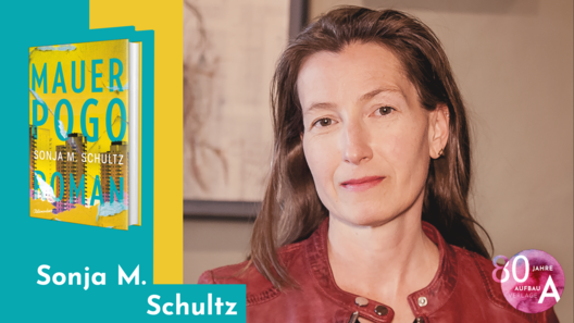 Grafik mit Portrait von Sonja M. Schultz und Cover von Mauerpogo