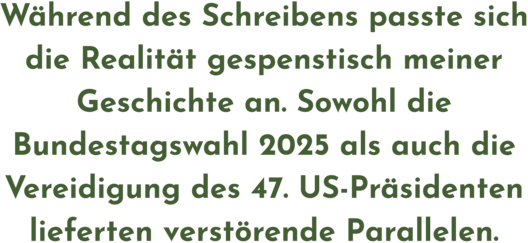 Zitatgrafik aus Interview mit Elina Penner. Text: &quot;Während des Schreibens passte sich die Realität gespenstisch meiner Geschichte an. Sowohl die Bundestagswahl 2025 als auch die Vereidigung des 47. US-Präsidenten lieferten verstörende Parallelen.&quot;