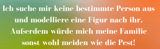 Zitatgrafik aus Interview mit Oyinkan Braithwaite. Text: &quot;Ich suche mir keine bestimmte Person aus und modelliere eine Figur nach ihr. Außerdem würde mich meine Familie sonst wohl meiden wie die Pest!&quot;