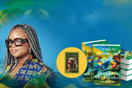 Banner mit Portrait von Iyinkan Braithwaite und Mockups von Der Fluch der Falodun Frauen