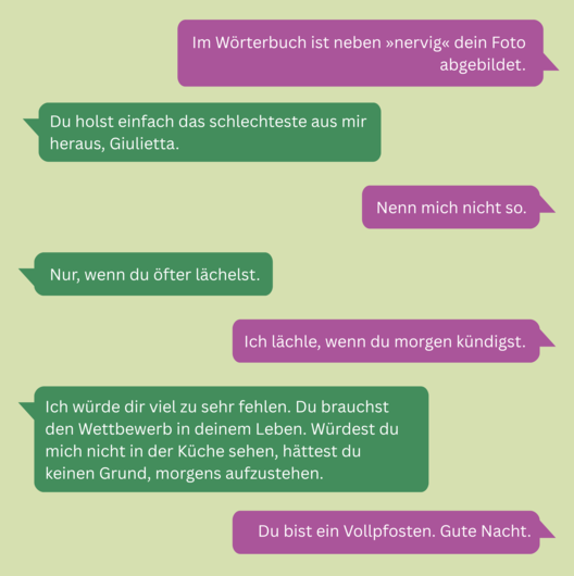 Auf einem grünen Hintergrund sind mehrere Sprechblasen mit einer Konversation. 