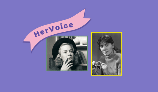 Grafik mit Lila Hintergrund, Porträts von Tove Ditlevsen und Brigitte Reimann und einem Schild mit der Schrift "HerStory"