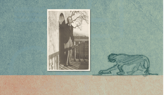 Banner mit Covermotiv von Rilke zeichnet im Hintergrund und einem Foto von Rilke in Sepia