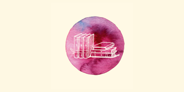 Auf hellem Hintergrund ist ein großer runder Farbklecks mit Wasserfarbe. Er hat einen lila/pink Ton. Darin ist nur mit Umrissen gezeichnet ein Buchstapel. 