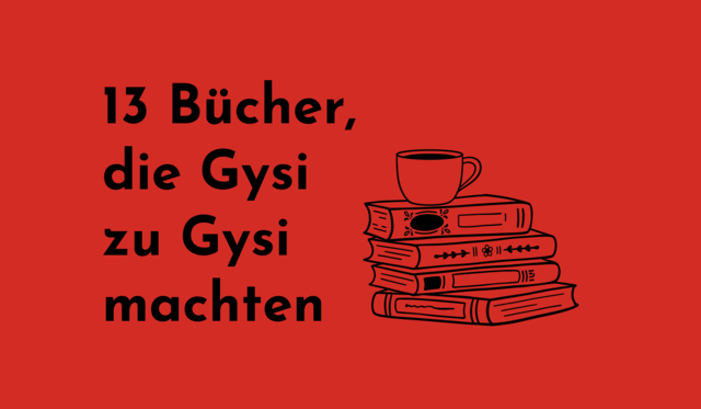 Grafik mit Text: &quot;13 Bücher, die Gysi zu Gysi machten und Illustration eines Bücherstapels