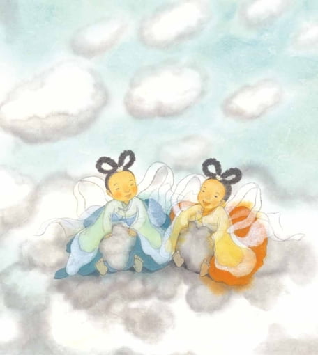 Illustration aus Hang Kang, Donnerfee und Blitzfee. Das Bild zeigt zwei kleine Feen, die vergnügt auf einer Wolke sitzen