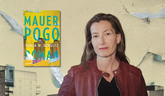 Banner mit Portrait von Sonja M. Schultz, Cover von Mauerpogo und Covermotiv von Mauerpogo im Hintergrund