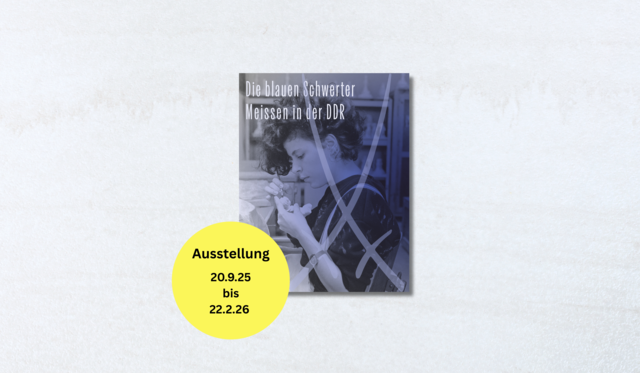Banner mit Cover Die blauen Schwerter und Button mit Daten der Ausstellung