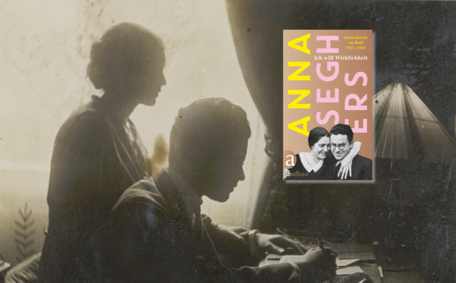 Banner mit  Schwarz-weiss Foto von Netty Reiling und Rodi. Er sitzt am Schreibtisch und schreibt, sie steht hinter ihm, beide im Profil. Außerdem Cover von Ich will Wirklichkeit