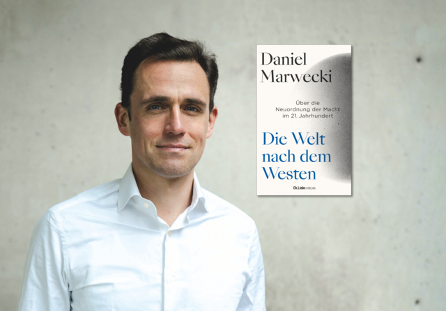 Grafik mit Porträt von Daniel Marwecki und Cover von Die Welt nach dem Westen
