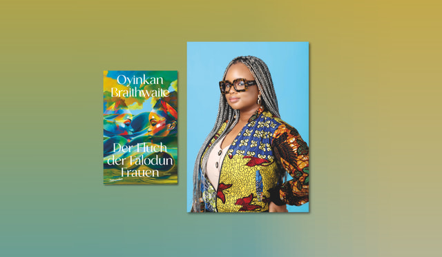 Banner mit Portrait von Oyinkan Braithwaite und Cover von Der Fluch der Falodun Frauen