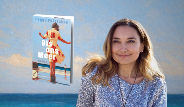 Banner mit Porträt von Peggy Patzschke und Cover von Bis ans Meer. Im Hintergrund eine gemalte Landschaft mit Meer und Himmel