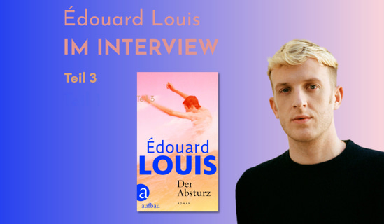 Grafik mit Porträt von Édouard Louis und Cover von Der Absturz