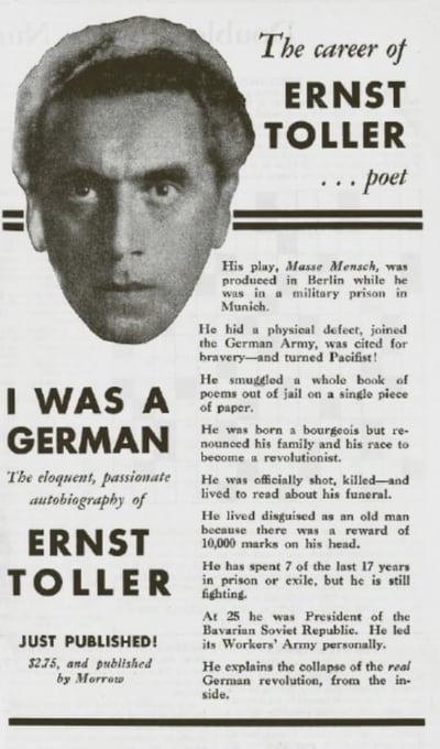 Werbeanzeige für die amerikanische Ausgabe von »Eine Jugend in  Deutschland« bei William Morrow and Company, New York, 1934