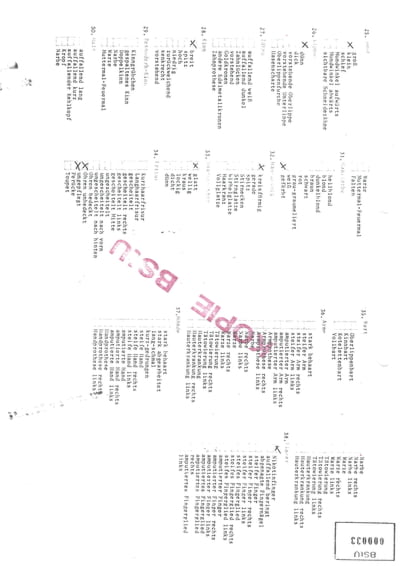 Kopie aus einer Stasi-Akte mit einer Liste besonderer Kennzeichen einer observierten Person wie etwa Frisur, Narben, Muttermale, Kinnform, Nikotinfinger etc., Karl-Marx-Stadt, 1984