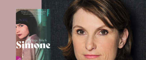 Grafik mit Portrait von Anja Reich und Cover von Simone auf lila Hintergrund