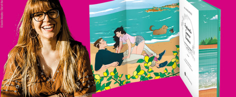 Autorin Ali Hazelwood und Innenansicht vom Buch mit Illustration von zwei Charakteren