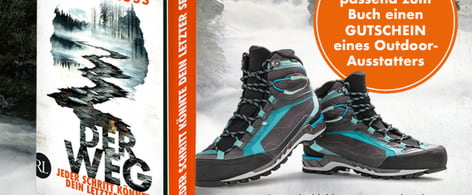 Packshot Rebecca Russ, Der Weg und Wanderschuhe auf Hintergrund mit Berglanfschaft. Text: „Gewinnen Sie passend zum Buch einen GUTSCHEIN eines Outdoor-Ausstatters“