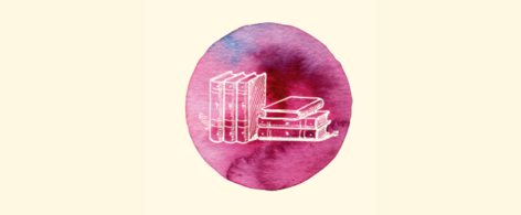 Auf hellem Hintergrund ist ein großer runder Farbklecks mit Wasserfarbe. Er hat einen lila/pink Ton. Darin ist nur mit Umrissen gezeichnet ein Buchstapel. 