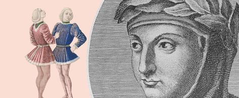 Schwarz-weiss Zeichnung von Giovanni Boccaccio mit Loorberkranz und Illustration zweier Junger Männer aus dem Covermotiv von &quot;Filocolo&quot;